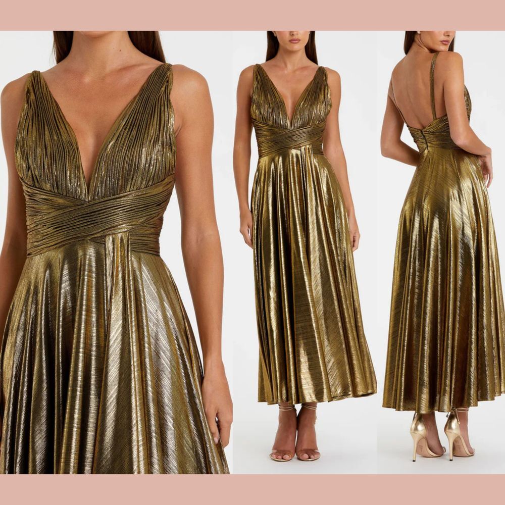 NWT IEENA MAC DUGGAL‎ [ XS ] 30761 V Neck Pleated Top Metallic Dress Gold